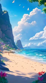 Beach cove with towering rock formations under clear sky.