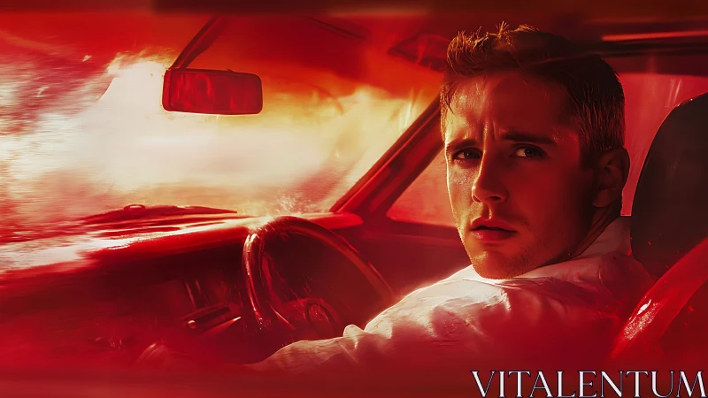 Driver looks back in a car flooded with intense red light