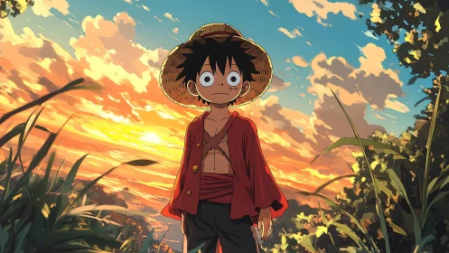 Straw hat boy standing in field at vivid sunset sky.