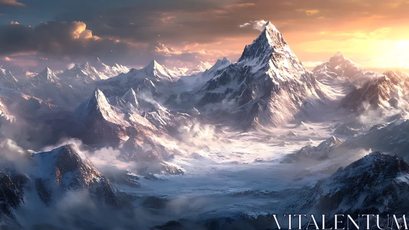 Sunlit alpine peak dominates icy valley with volumetric cloud layers