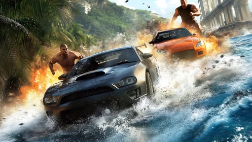 Two performance cars traverse shallow water beside running men