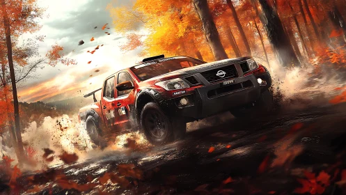 Bold red rally truck charges through a vivid autumn forest
