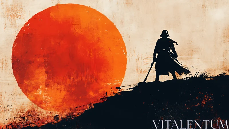 Silhouetted armored figure against large red sun disk.