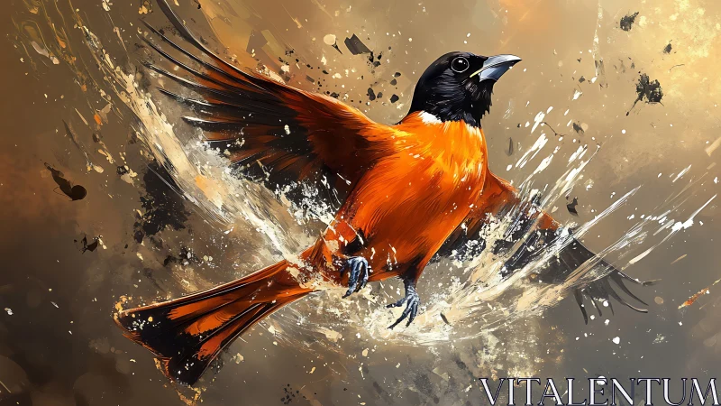 Molten-orange songbird shatters the canvas with painted flight