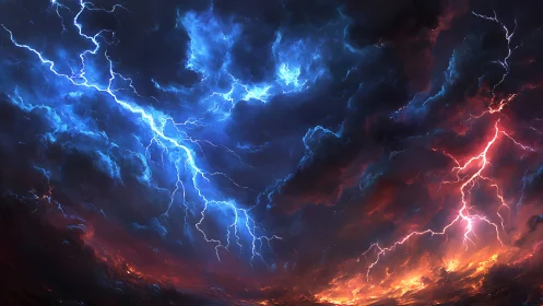 Raging storm sky glows with vivid blue and red lightning
