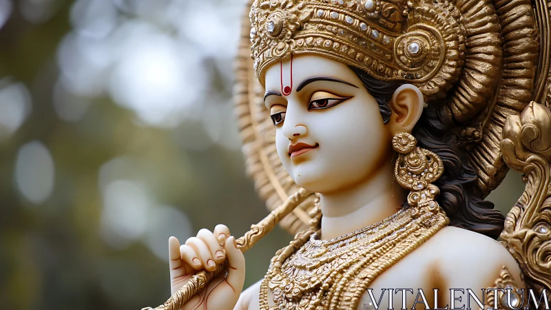 Sculpted deity figure holds staff and wears ornate gold jewelry