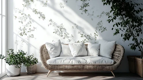 Sunlit rattan sofa in botanical minimalist living corner.