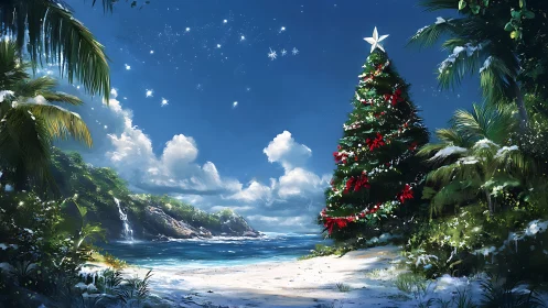 Decorated evergreen tree stands on tropical beach shoreline