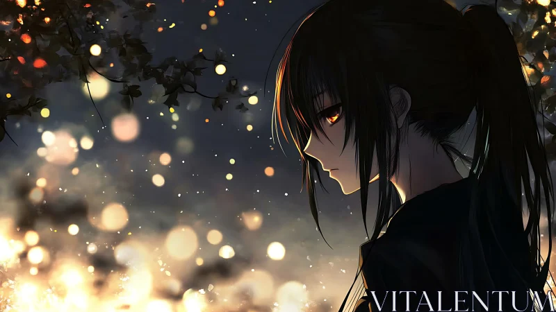 Solitary anime girl in glowing bokeh dusk forest scene.