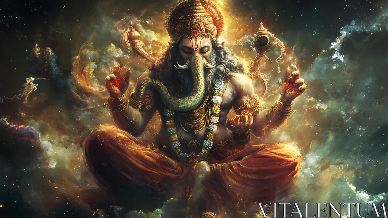Celestial elephant-headed deity in luminous cosmic meditation.