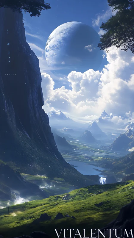 Majestic alien valley opens beneath a luminous blue planet