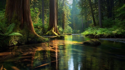 Sunlit Stream Through Ancient Redwood Forest