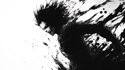 Ink-splattered demon sprint erupts from stark white void.