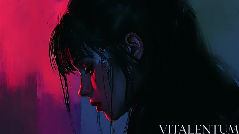 Digital painting profile portrait in neon chiaroscuro lighting.