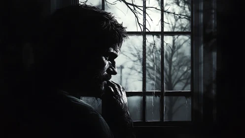 Thoughtful man by a winter window in quiet moonlit shadows.
