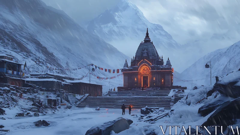 Mountain temple complex in winter alpine valley at dusk.