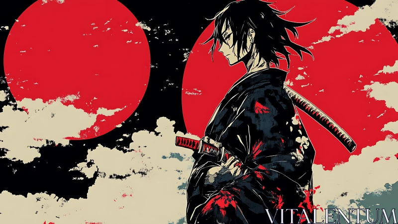 Lone samurai gazes ahead under bold twin red suns