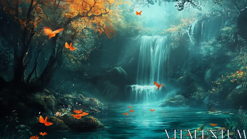 Luminescent forest waterfall with high-contrast teal and orange palette