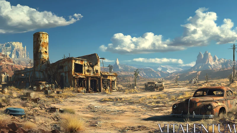 Desert wasteland highway with rusted refinery ruins and car.