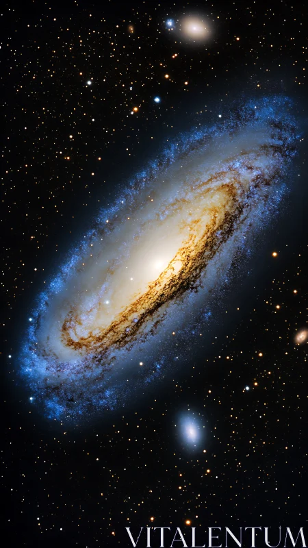 Spiral galaxy core with luminous dust lanes and blue halo.