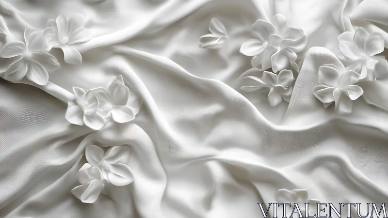 Delicate white flowers bloom gracefully on luxurious silk fabric
