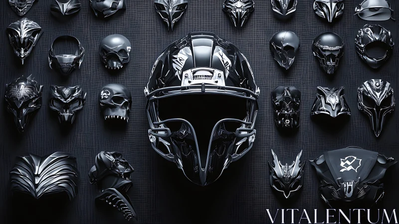 Row of black chrome sci fi helmets and masks fills frame