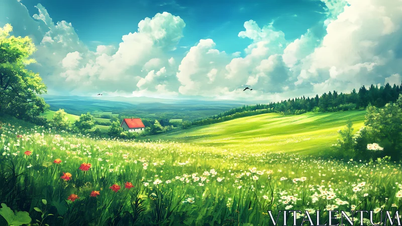 Digital landscape shows green meadow, distant house and clouds
