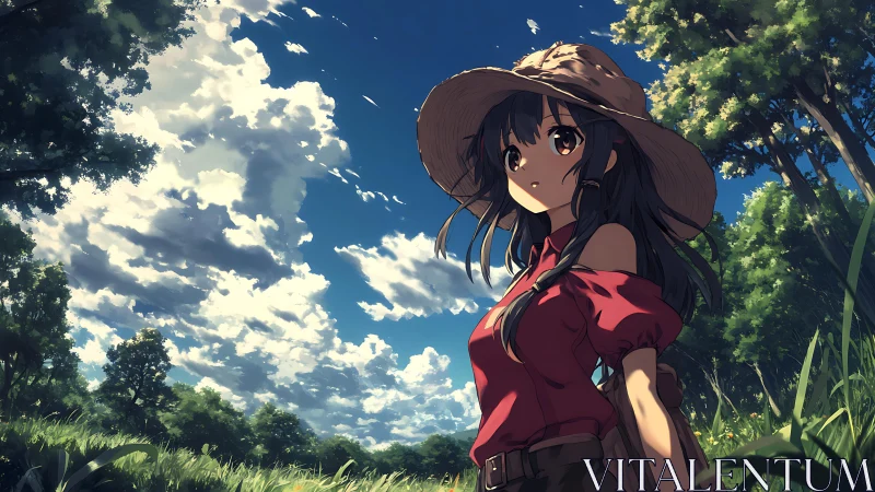 Girl in red shirt under wide sky in summer field.