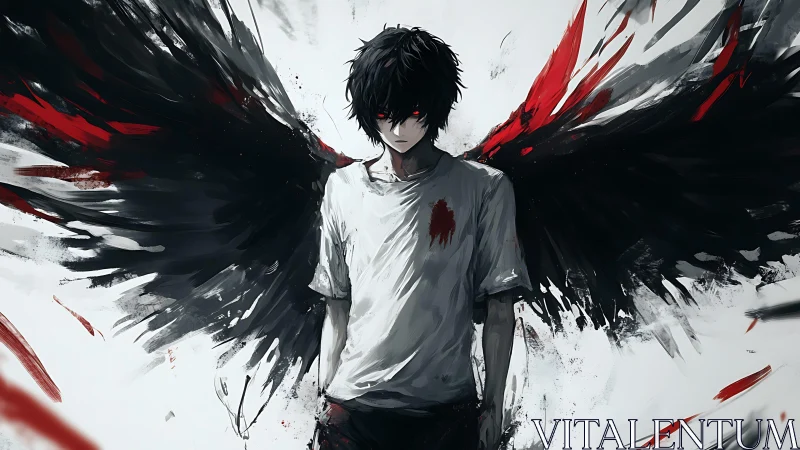 Dark seraph youth with bloodstained shirt and ink-swept wings.