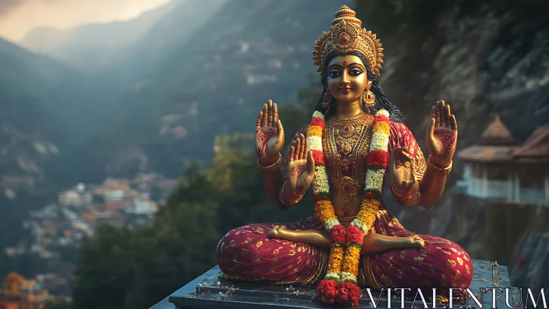 Golden four-armed Hindu deity statue sits before misty mountains
