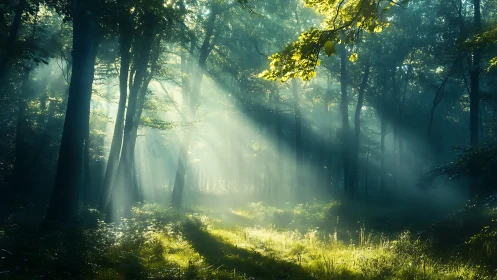Sunbeams Filtering Through Misty Forest in Dreamlike Morning Light.