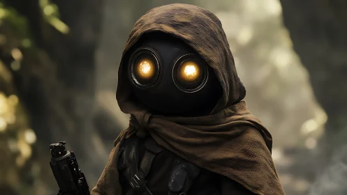 Hooded reconnaissance droid with radiant optic sensors in forest.