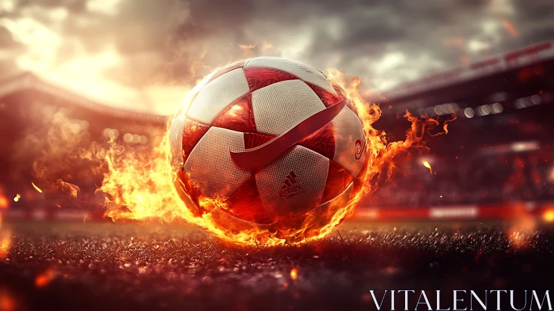 Blazing matchday soccer ball glowing with electric stadium fire.