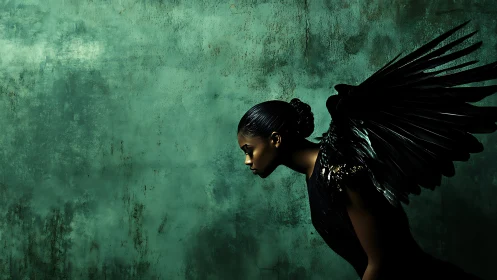 Winged silhouette poised against deep green mystery wall.