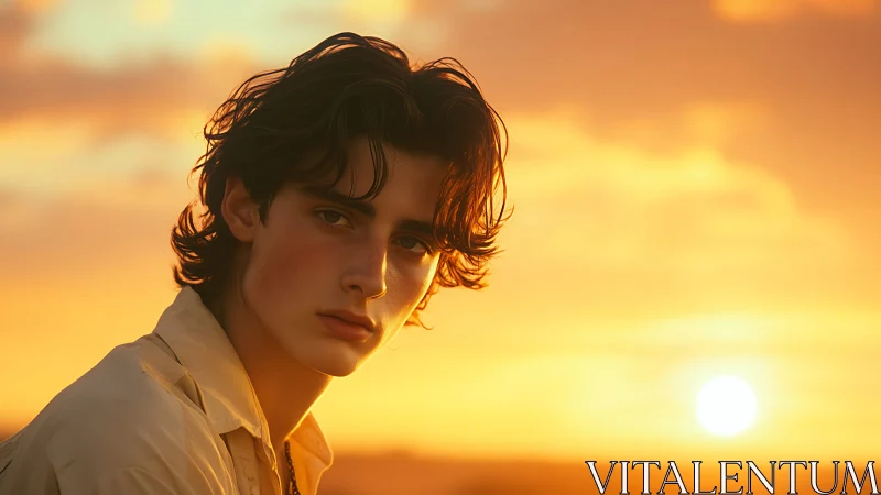 Youthful portrait glows against a golden, wistful sunset sky