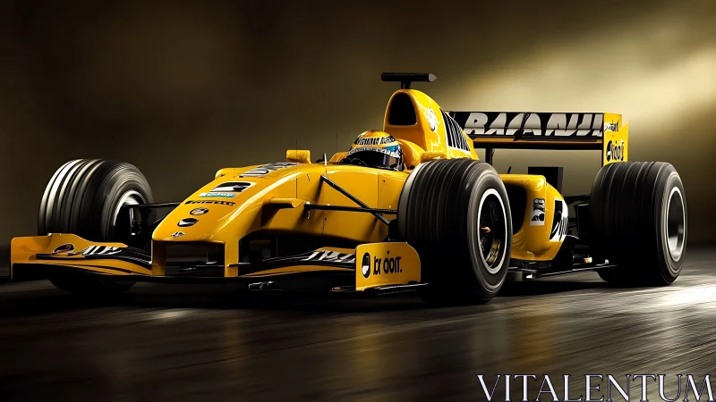 Yellow Formula race car under dramatic studio lighting.