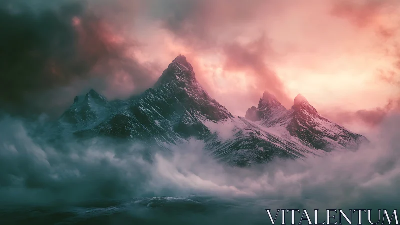 Snow covered mountain peaks rising through dense clouds.