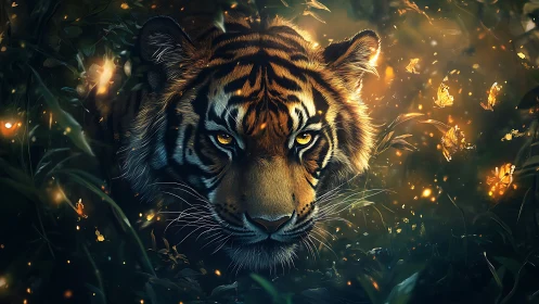 Tiger head in dense foliage with luminous flying insects.