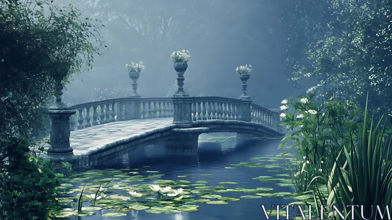 Stone garden bridge spans reflective pond in misty light