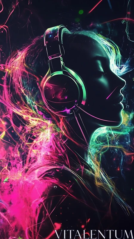 Profile silhouette with headphones amid neon light trails