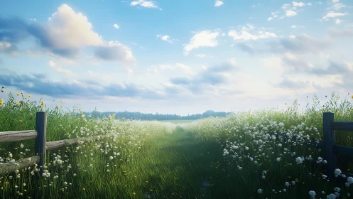 Morning clouds wander above a wildflower-laced country lane