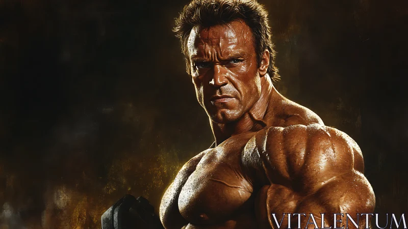 Photorealistic muscular portrait with dramatic chiaroscuro rendering.