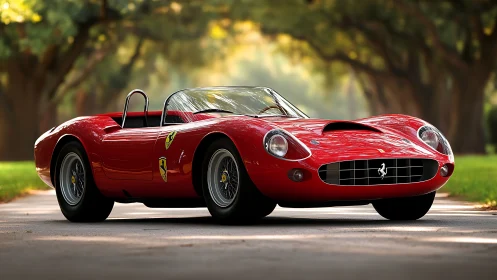 Red classic sports roadster on tree-lined parkway.