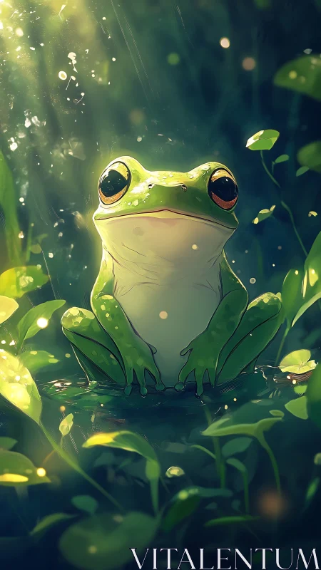 Emerald tree frog in sunlit pond, cinematic bokeh glow.
