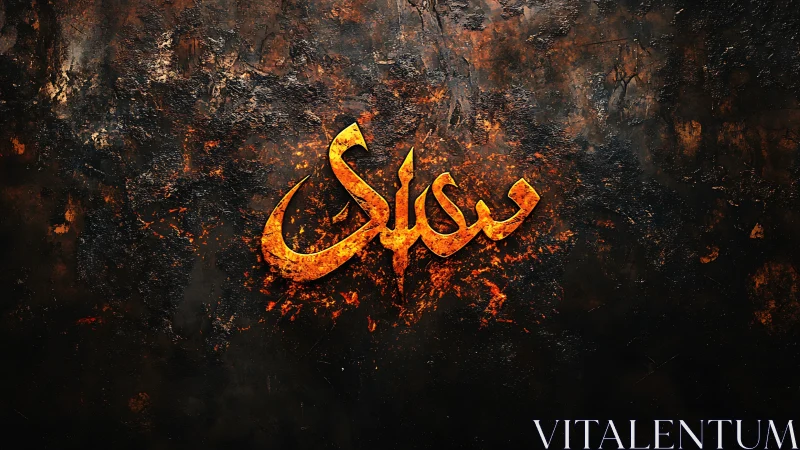 Fiery Arabic calligraphy rendered on textured dark surface