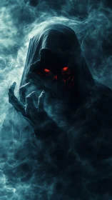 Haunting hooded wraith emerges with burning red eyes