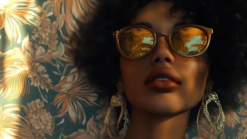 Tropical reflection portrait with golden sunglasses and florals