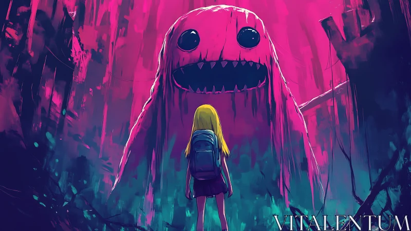 Girl facing large pink creature in stylized neon forest scene.