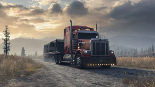 Long-haul semi truck on misty rural highway at dawn.