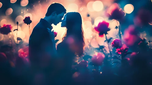 Silhouetted Couple Kissing Amidst Glowing Bokeh and Magenta Flowers